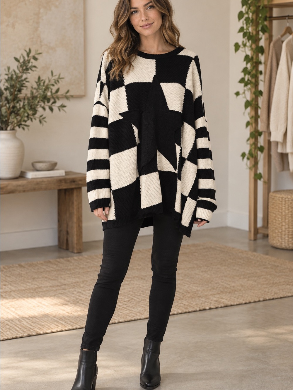 Black & Cream Star Block Knit Sweater (090677) ✨